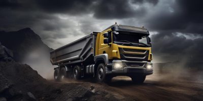 ai-generated-a-huge-dump-truck-driving-through-a-dark-field-free-photo