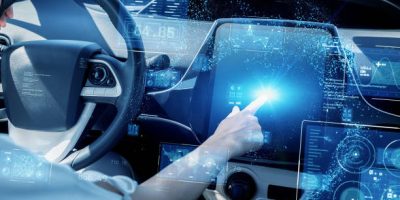 Cockpit of futuristic car concept. Autonomous car. Self driving vehicle. Autopilot.